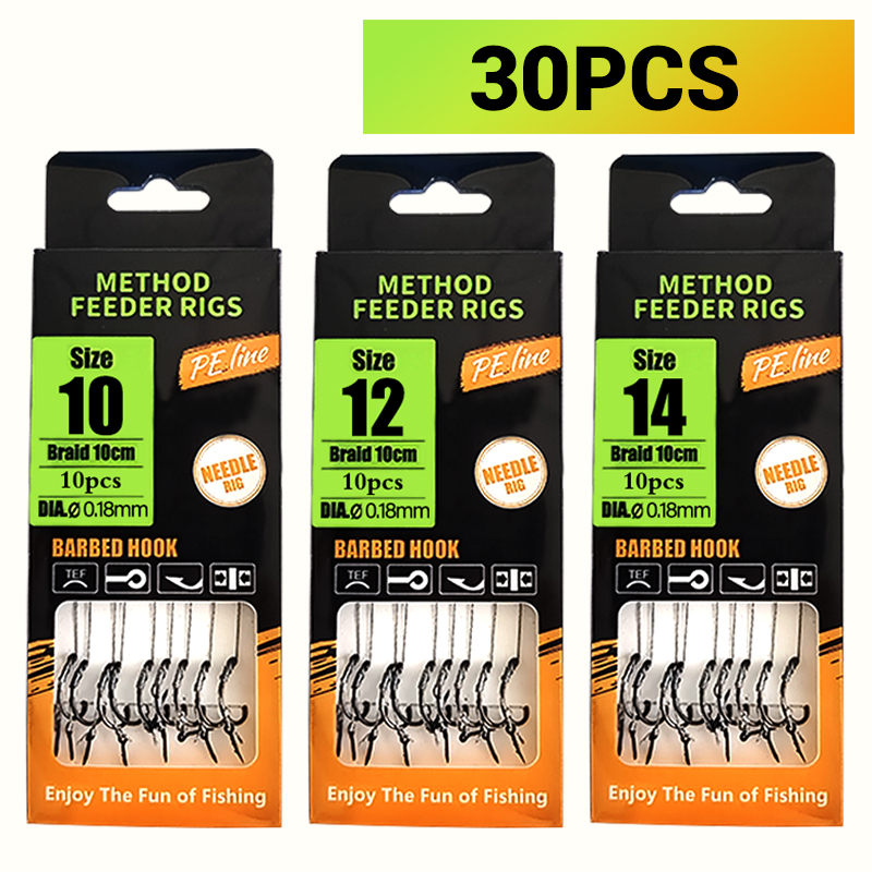 Fishing Hook Barbless - 鯉釣り仕掛け プレタイド、メソッドフィーダー＆ヘアリグ、編組ライン＆バーブフック付き（サイズ6、8、10、12）、鯉とフナ用