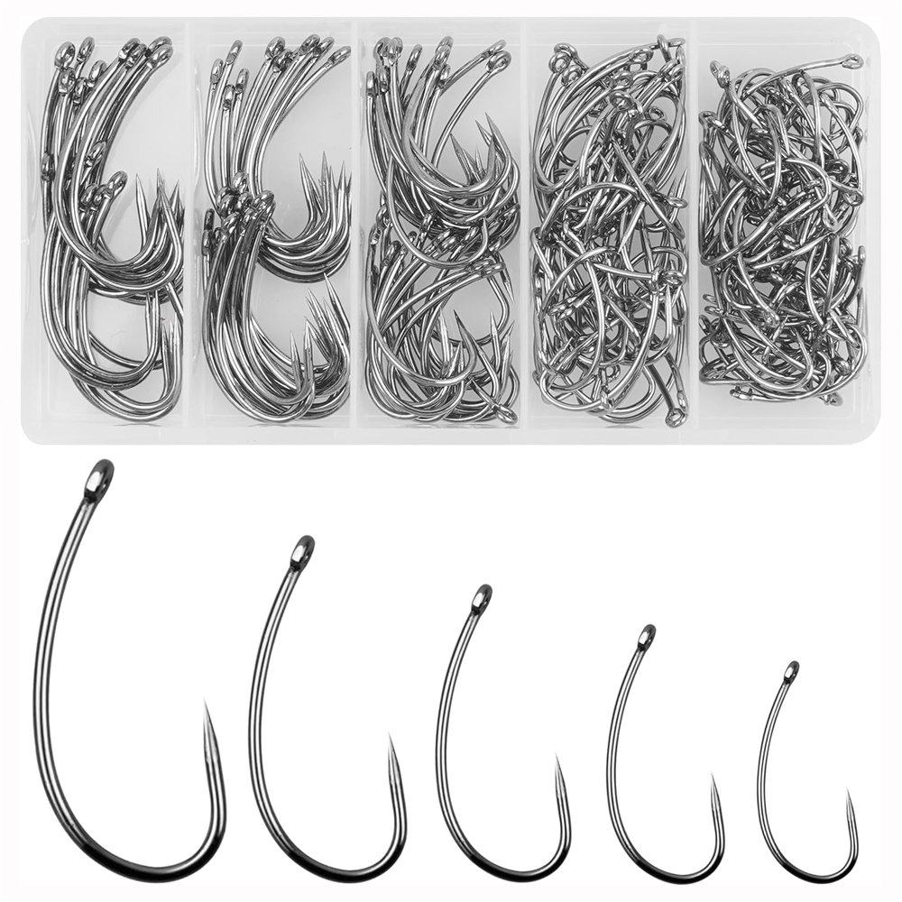 Fishing Hook Barbless - バーブレスフィッシングフックキット、湾曲したシャンク、フライタイイングフック、ヘアリグ用サークル、コイ釣り道具、180個